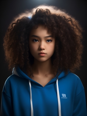 蓝色卫衣爆炸头少女美女图片